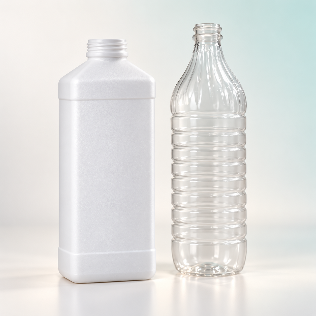 White rectangular bottle and clear ribbed PET bottle, illustrated from our product samples